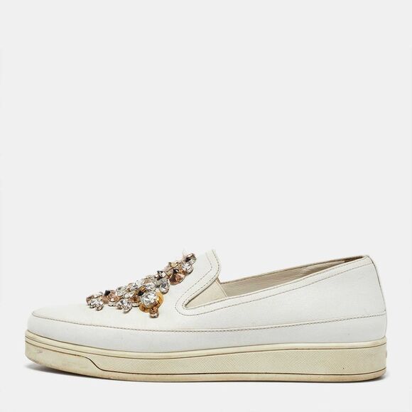 Prada White Leather Crystal Embellished Slip On Sneakers Size 36.5,New Products : American Fashion Style Bags On Sale